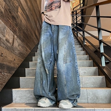 得物品质夏男牛仔裤破洞阔腿拼接裤脚口袋直筒宽松长裤NK611P70，男装牛仔裤，星座1013-1