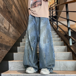 得物品质夏男牛仔裤破洞阔腿拼接裤脚口袋直筒宽松长裤NK611 P70图片