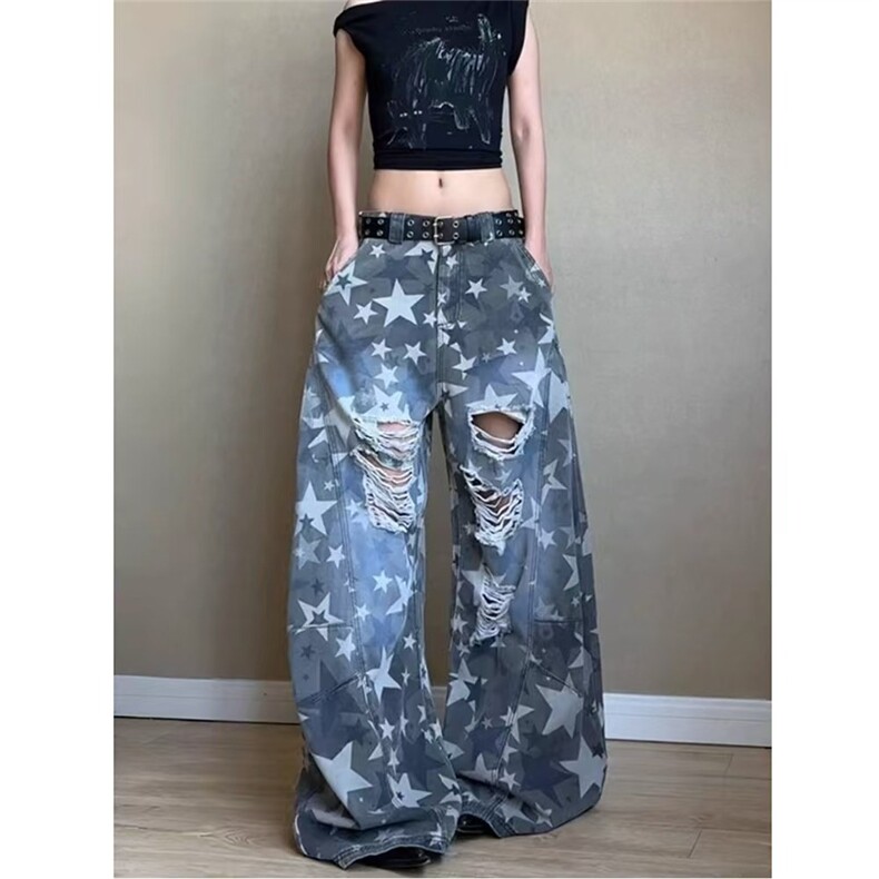美式复古水洗磨白破洞牛仔裤子女辣妹设计感星星印花拖地弯刀裤,男装牛仔裤,星座506A