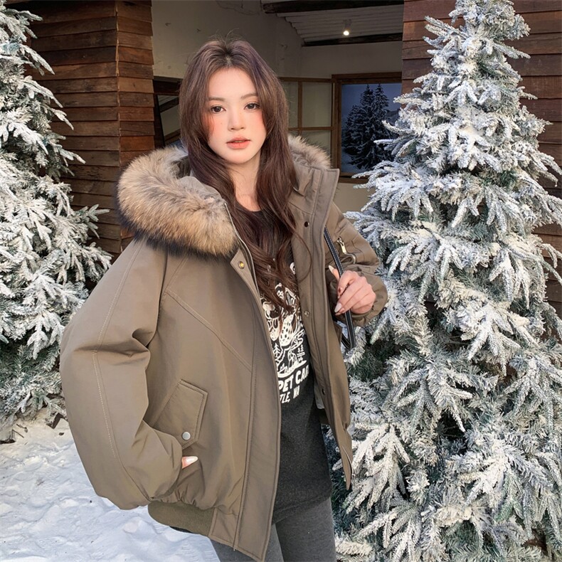 工装风大毛领羽绒服女短款2025冬季新款时尚加厚派克服军绿色外套,女装羽绒服,艾米莉亚