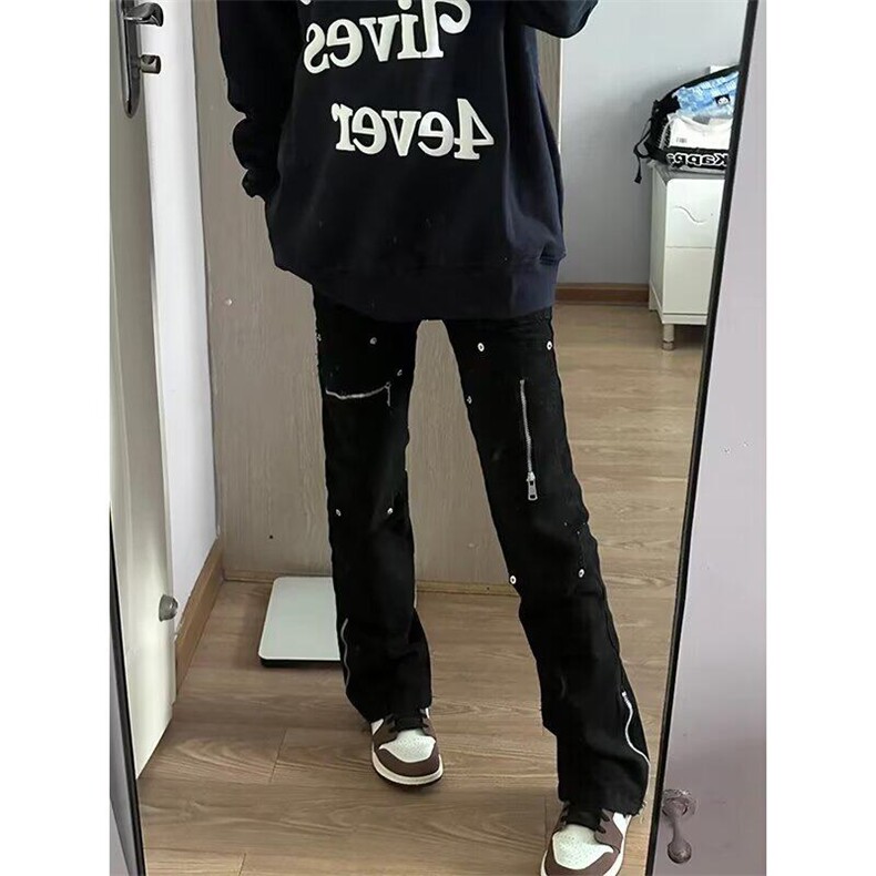 美式vibe风多口袋拉链微喇牛仔裤男高街机能直筒宽松伐木工装裤子,男装牛仔裤,星座506A