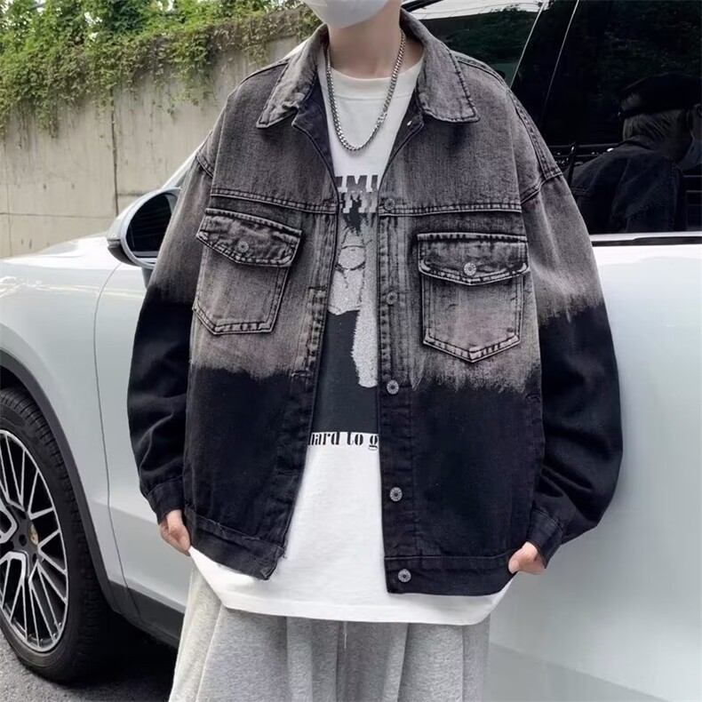 春季新款美式男夹克灰拼黑渐变复古牛仔外套W100P55图片