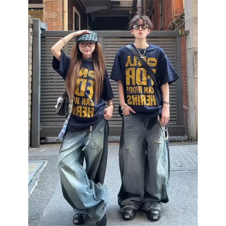 网图有货美式泼墨破洞牛仔裤男女拼接结构喷绘宽松长裤A620-P45，男装牛仔裤，星座1505