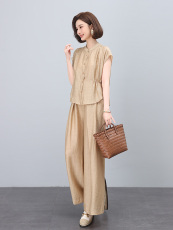 高端棉麻套装女夏季新款大码妈妈洋气质减龄上衣阔腿裤亚麻两件套，女装套装/套裙，雪樱依海