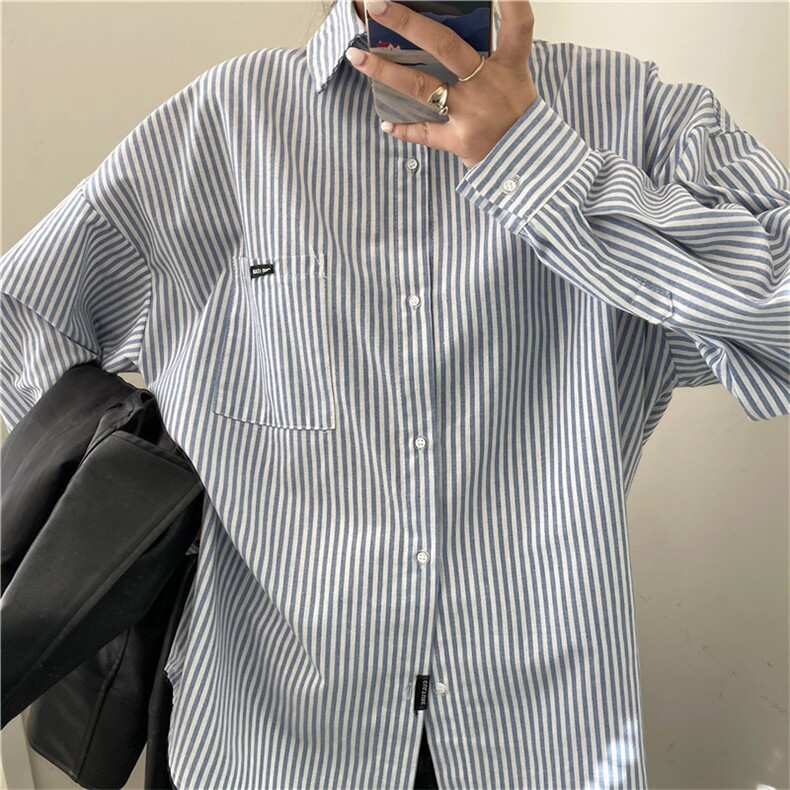 TC699-P45条纹衬衫宽松长袖衬衣韩版潮流外套休闲港风ins上衣，女装衬衫，星座617A-2