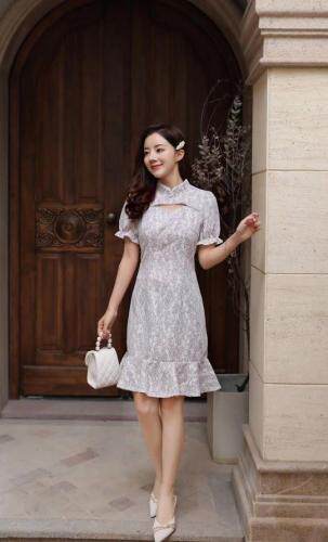 【现货】夏季新款蕾丝优雅气质旗袍连衣裙，女装婚纱/旗袍/礼服，芷炫