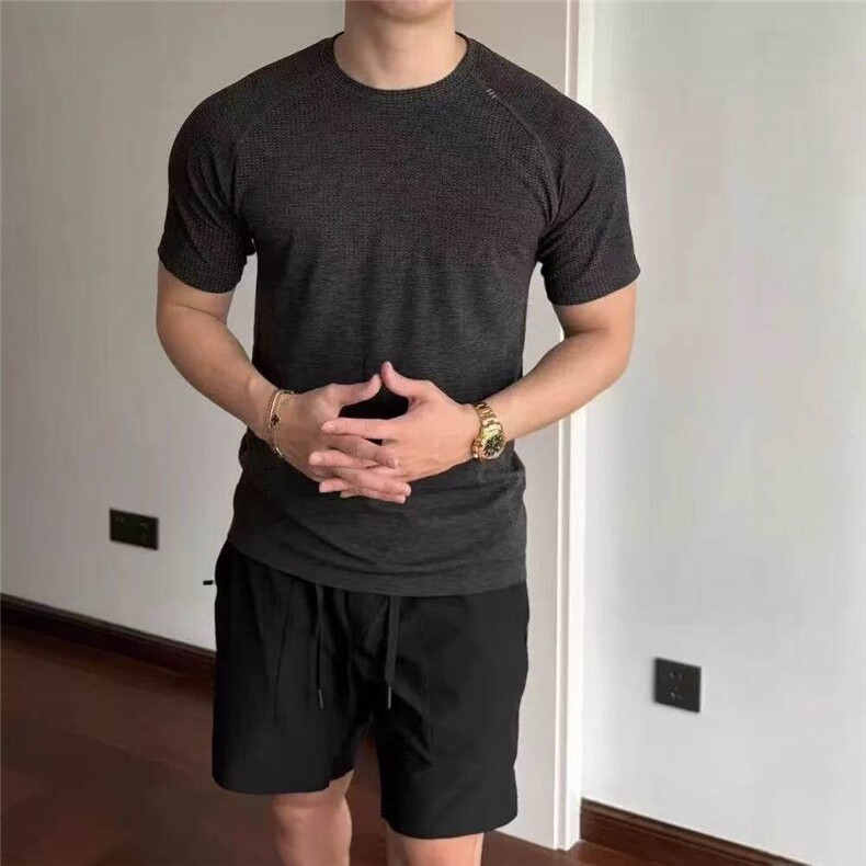 美式无缝提花运动短袖纯色速干训练健身弹力修身上衣T恤DT45P35,男装T恤,电商D256-1(原A064-1)