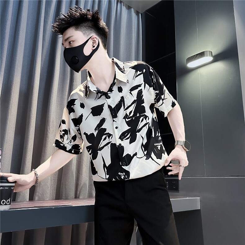 301C-CS20-P58控78碎花衬衫男短袖冰丝薄款潮百搭社会小伙店主风图片