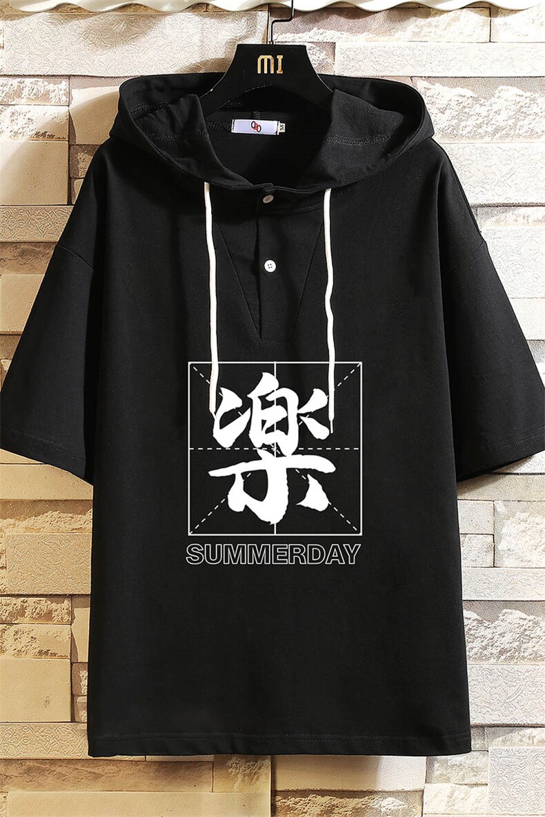 LD54197-P45连帽短袖t恤男大码胖子带帽五分袖中袖砖墙挂拍,男装T恤,电商A040A