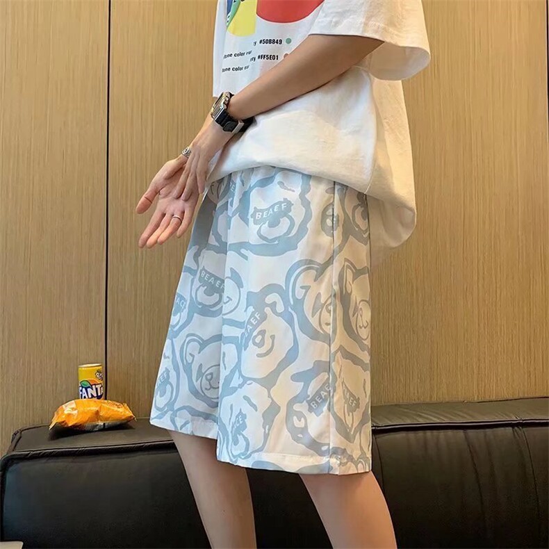 小熊满印男生短裤夏季潮流嘻哈五分裤休闲外穿冰丝大裤衩K065P16,男装休闲裤,星座1116-2
