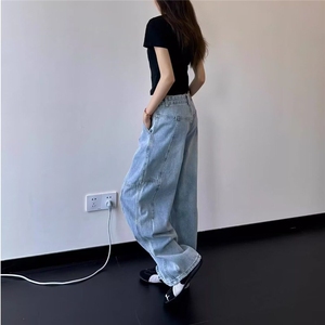 复古蓝宽松阔腿弯刀牛仔裤美式低腰垂感直筒镰刀拖地裤 NK1109图片