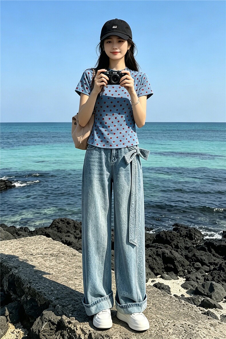 女夏季新款时尚休闲套装蓝色波点上衣烫钻阔腿牛仔长裤两件套显瘦,女装套装/套裙,江南