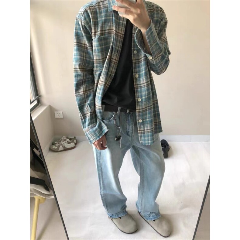 vintage美式复古格纹衬衫男秋季cleanfit长袖格子衬衣高级感外套图片