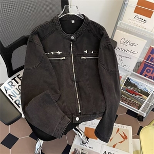 美式复古做旧水洗垫肩短款拼接牛仔外套潮牌金属设计感无领夹克男图片