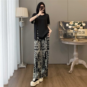 时尚减龄套装女夏季新款宽松显瘦圆领印花侧边拉链短袖长裤两件套图片
