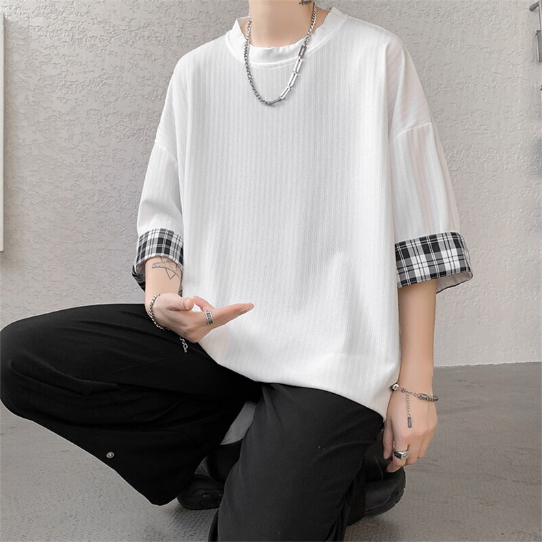 现货A059-7822-P38控58夏季高品质冰丝短拼色宽松大码T恤短袖,男装T恤,电商A059