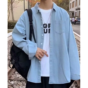 秋季港风牛仔衬衫男宽松休闲工装衬衣外套多口袋上衣服C1101