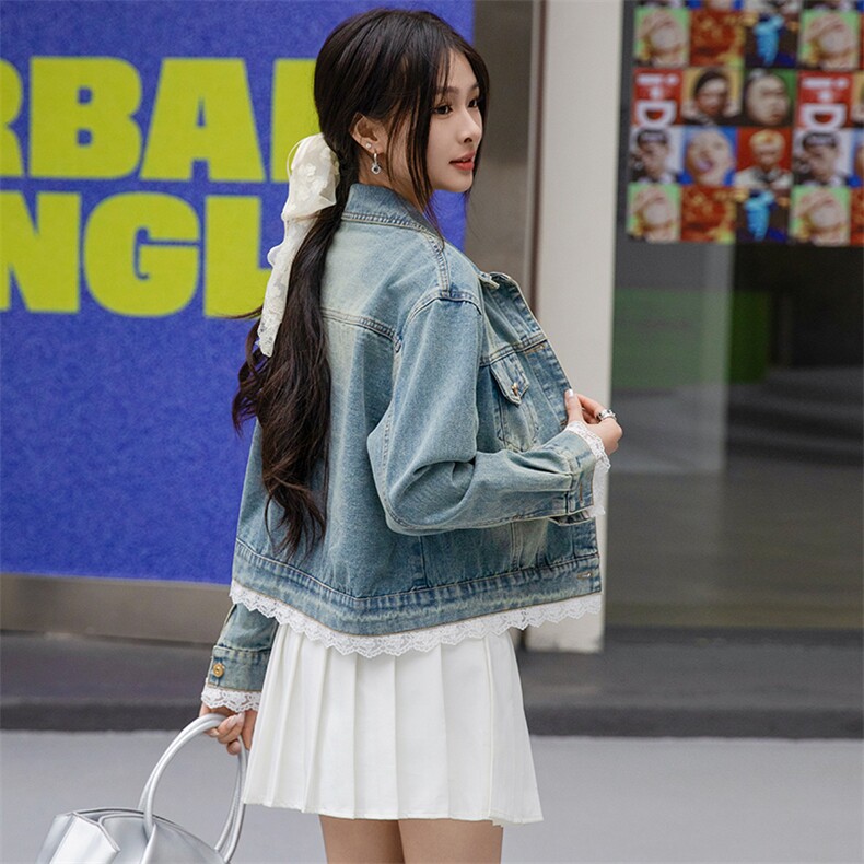 蕾丝拼接牛仔外套女2025春季新款韩版翻领小个子时尚夹克减龄上衣,女装牛仔外套,跑量工厂店