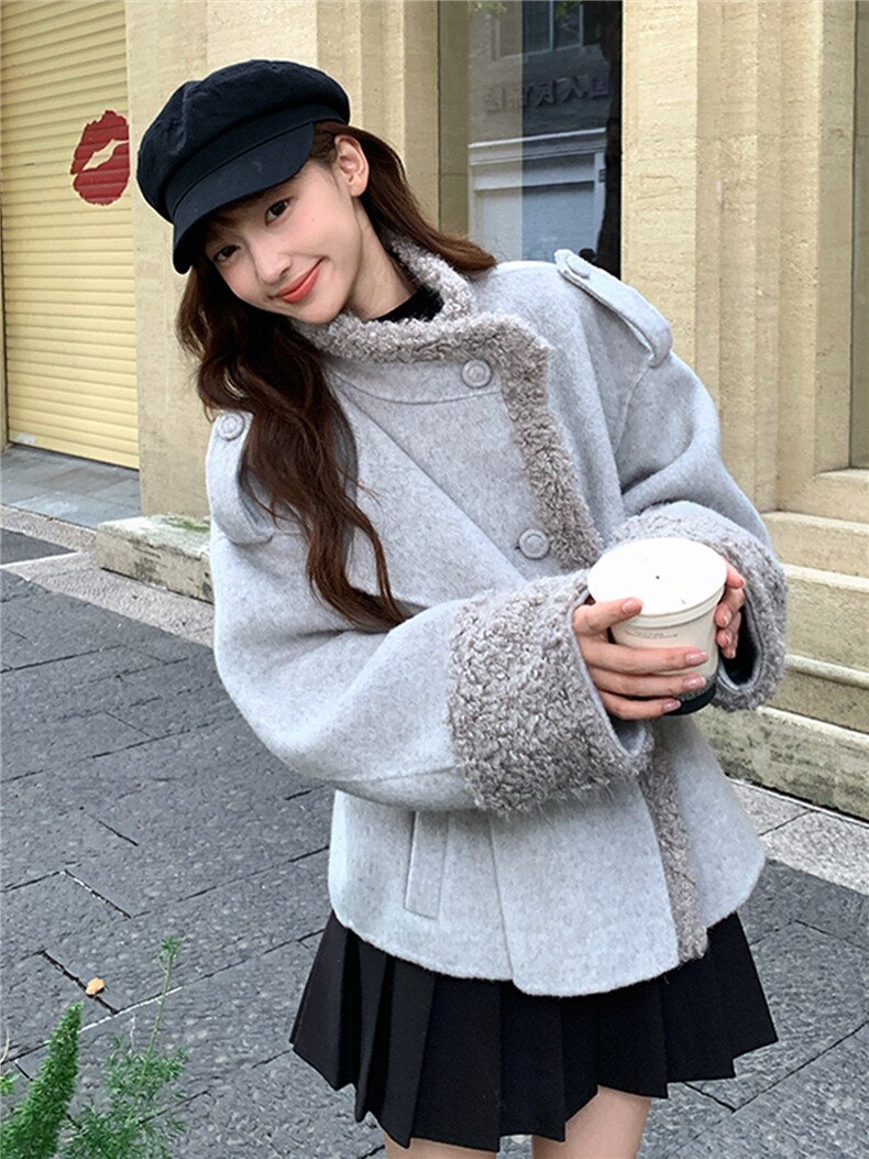 羊羔毛拼接毛呢外套女冬小个子休闲宽松加厚呢上衣,女装羊羔毛/颗粒绒,浙宝220