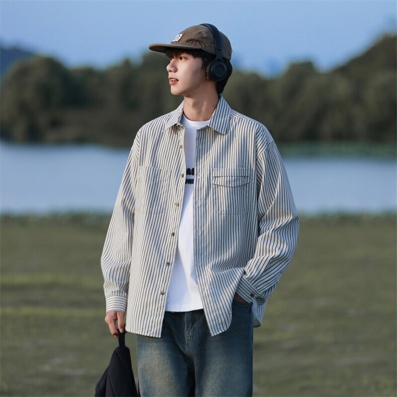 SJ-217-2-CS24415-特P45cityboy日系条纹长袖衬衫工装衬衣外套男,男装衬衫,星座217-2