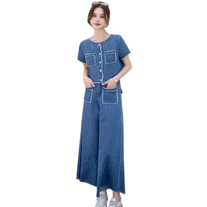 休闲时尚毛边牛仔套装女2025年夏季新款宽松气质减龄阔腿裤两件套图片