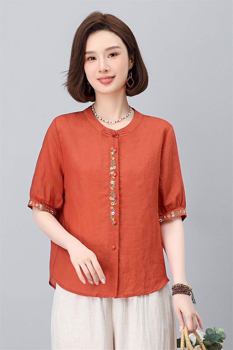 棉麻休闲女夏装2025夏季新款妈妈洋气时尚宽松衬衫苎麻,女装衬衫,涵誉