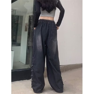 嘻哈潮牌高街拖地阔腿牛仔裤设计感宽松大码美式复古直筒工装长裤图片