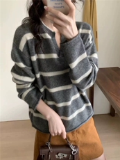 韩系温柔时尚感宽松显瘦撞色条纹羊毛衫女，女装针织衫/毛衣，德聚羊绒