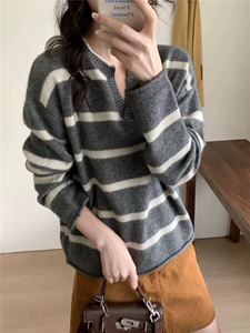 韩系温柔时尚感宽松显瘦撞色条纹羊毛衫女图片