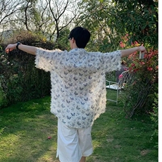 蓝色流苏蝴蝶短袖衬衫男款夏美式复古潮流设计感宽松百搭衬衣外套，男装衬衫，星座506A