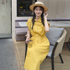 黄色衬衫设计感气质衬衫连衣裙女夏季法式独特别致掐腰宽松中长裙，女装连衣裙，浙宝276（原081）