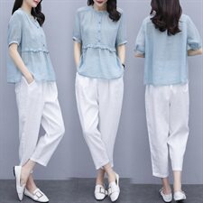 棉麻套装女装2025年夏季新款大码显瘦洋气时尚休闲亚麻两件套裤潮，女装套装/套裙，凝聚力