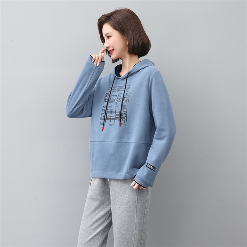 2023秋季新款时尚简约气质优雅显瘦休闲百搭连帽撞色百搭卫衣，女装卫衣/绒衫，独衣靓