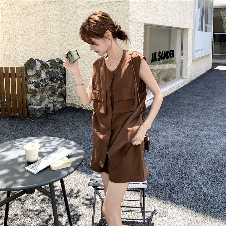 棕色复古松弛感套装女2025夏季新款轻熟风宽松休闲马甲短裤两件套,女装套装/套裙,2C170