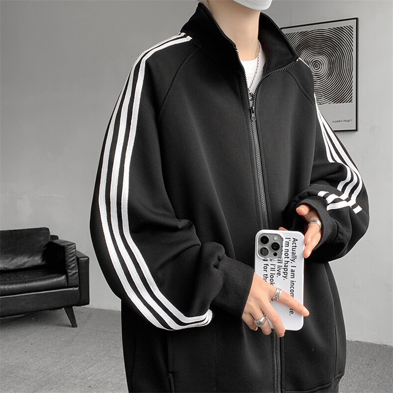 8XL-M三条杠运动卫衣特大码美式条纹立领夹克开衫外套JK5205/P65,男装夹克,电商B238