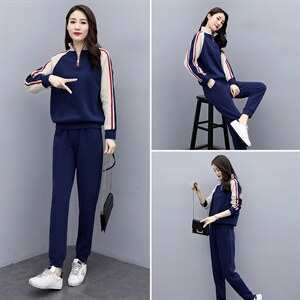 休闲运动套装女2025春秋新款韩版时尚拼接立领宽松跑步卫衣两件套图片