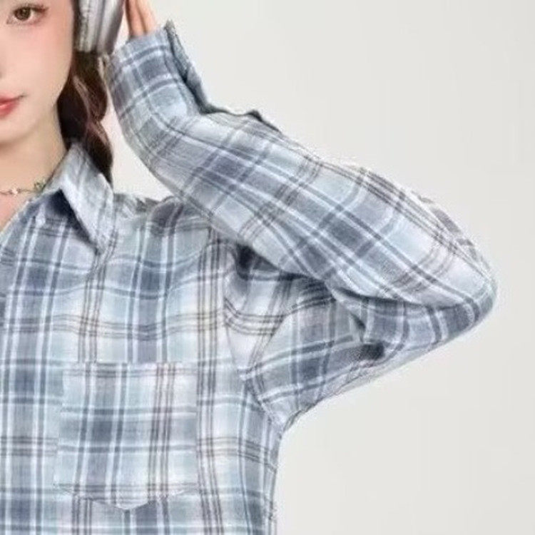 美式蓝色格子长袖衬衫外套女春秋季设计感宽松慵懒衬衣开衫上衣,男装衬衫,星座302B