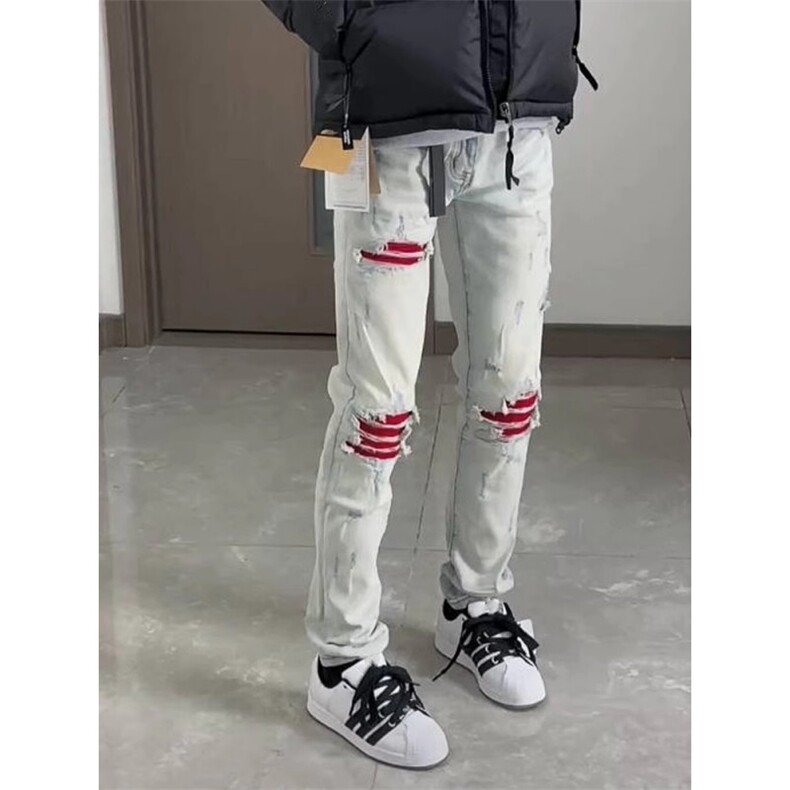 欧美高街潮牌牛仔裤破洞红色补丁修身男女长裤子HT1153p38,男装牛仔裤,星座1112-1
