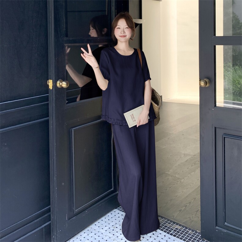 韩版木耳边短袖阔腿裤套装女2025年夏季新款休闲百搭松弛感两件套，女装套装/套裙，浙宝210（原浙宝191）