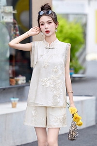 中式国风刺绣短裤两件套女2024夏天穿搭一整套禅意茶服清冷感套装图片
