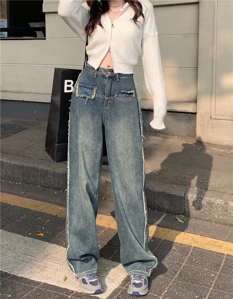 5068复古做旧毛边牛仔裤女高腰显瘦直筒阔腿裤子拖地裤P58，女装牛仔裤，星座309B-2
