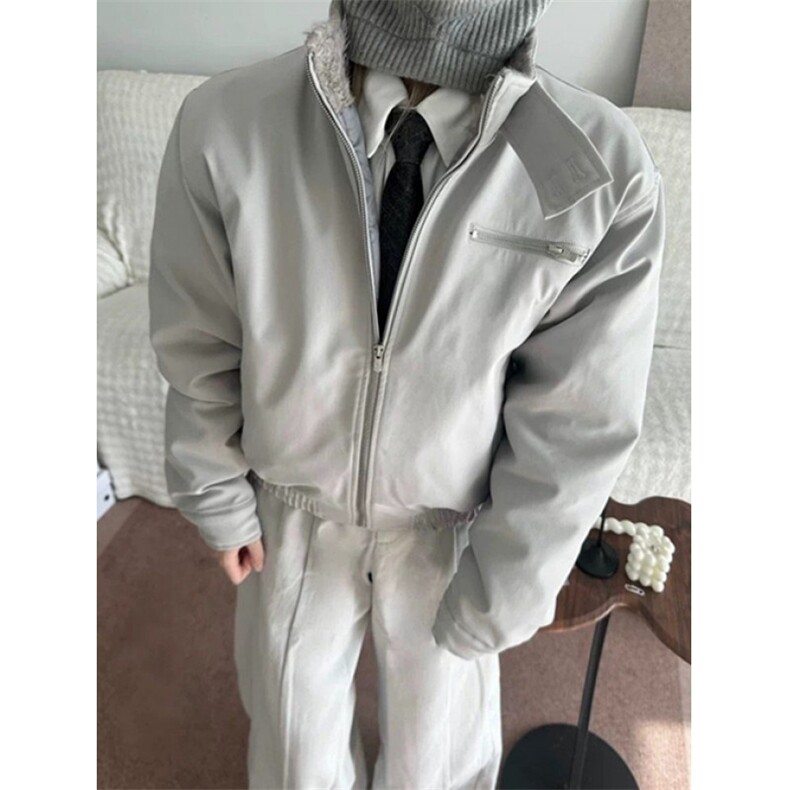 水泥灰羊羔毛立领座山雕棉服男冬哈灵顿飞行夹克厚外套M6062,男装夹克,星座1116A（原606A-3）