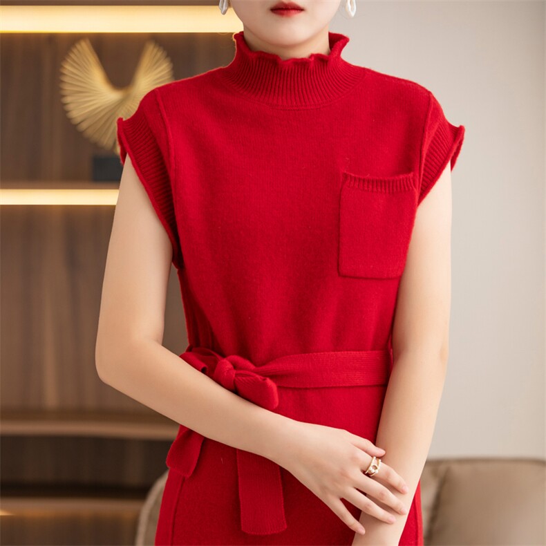 2024秋冬季新款高腰显瘦系带收腰显瘦无袖女中长款背心裙,女装连衣裙,迅太羊绒