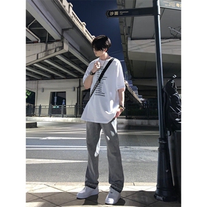 美式hiphop烟灰色毛边修身直筒显瘦牛仔裤痞帅高街图片