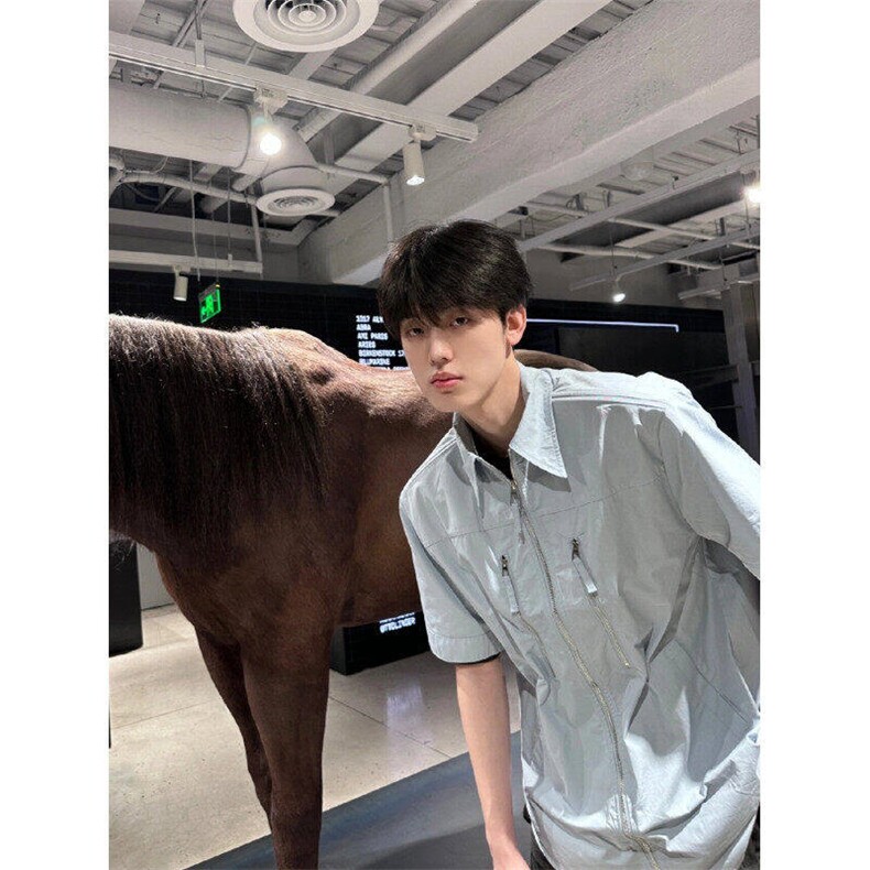 垫肩拉链短袖衬衫男夏季潮牌痞帅高级感衬衣美式高街L33755-p40,男装衬衫,星座1008