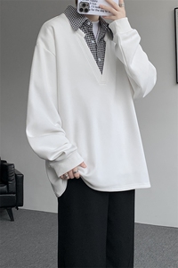 M-8XL假两件格子拼接衬衫领卫衣特大码重磅长袖V领上衣WY5112/P55图片