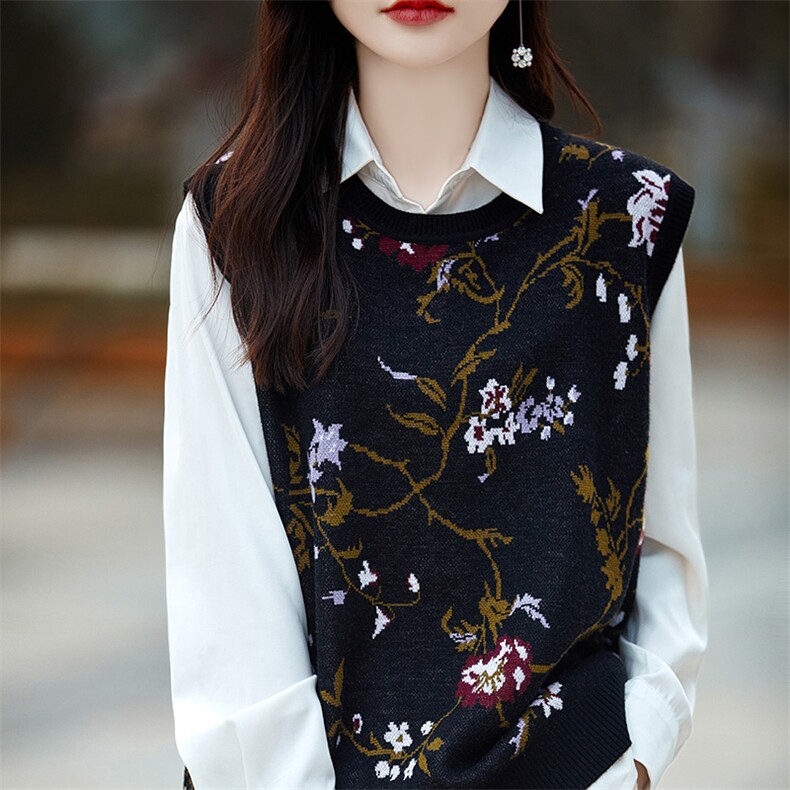 马甲女圆领提花无袖毛衣坎肩羊毛针织拼色无袖背心叠穿外搭上衣新,女装马甲,片语羊绒