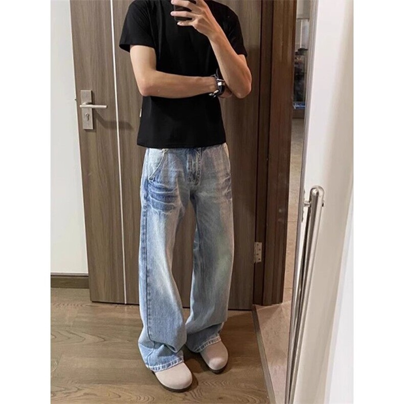 冰蓝色水洗闪电纹牛仔裤男款美式高街vibe裤子cleanfit弯刀微喇裤,男装牛仔裤,星座1007（原301D）