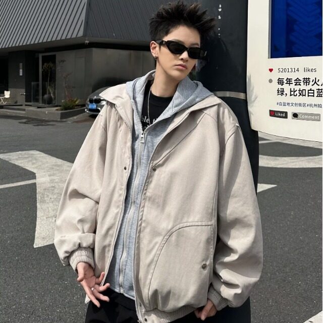 美式假两件夹克男春秋季宽松休闲潮牌复古小众解构外套W9348/P110图片