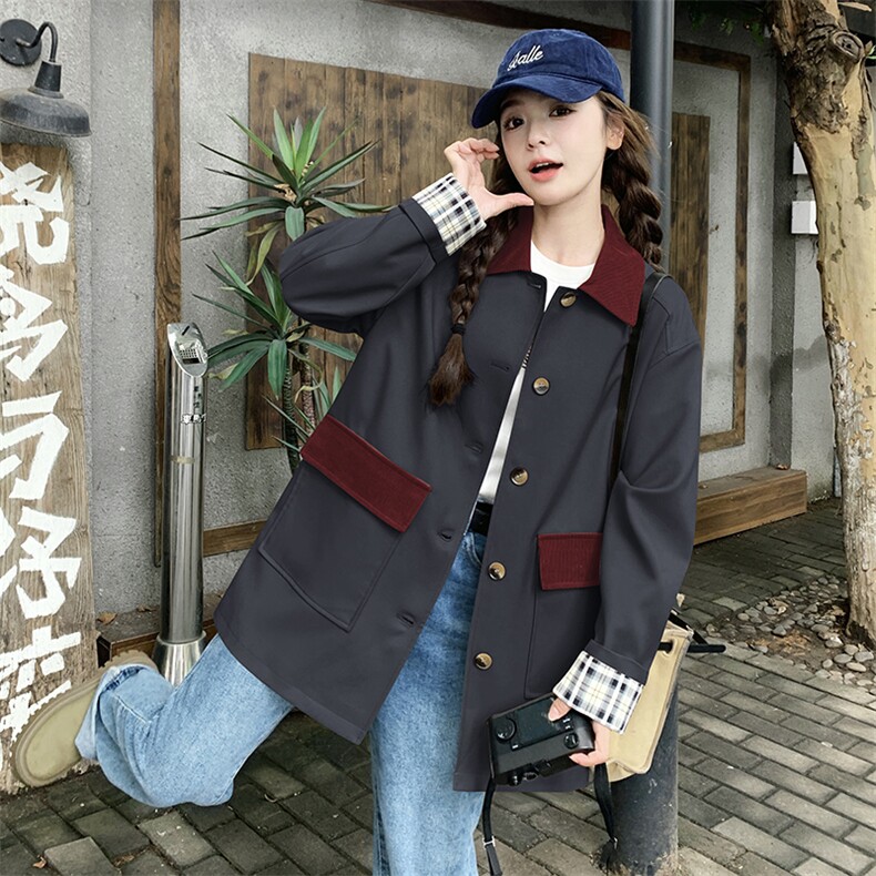 卡其色休闲流行风衣外套女2025年春秋季新款设计感撞色英伦风大衣,女装风衣,2C299